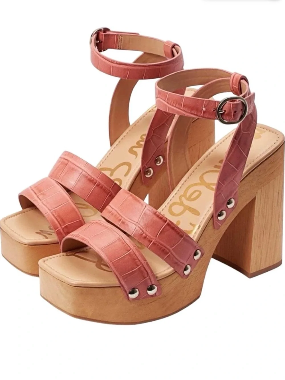Sam Edelman Croc-Texture Platform Sandals in Dusty Rose